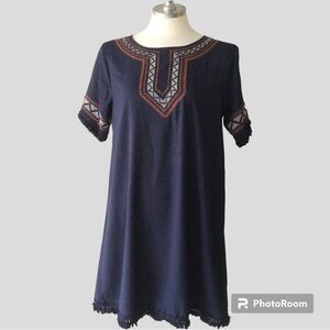Umgee Navy Embroidered Shift Dress Small